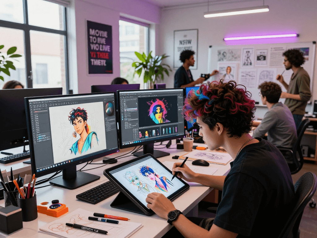 Creative artist working on nsfw AI projects in a vibrant digital studio.