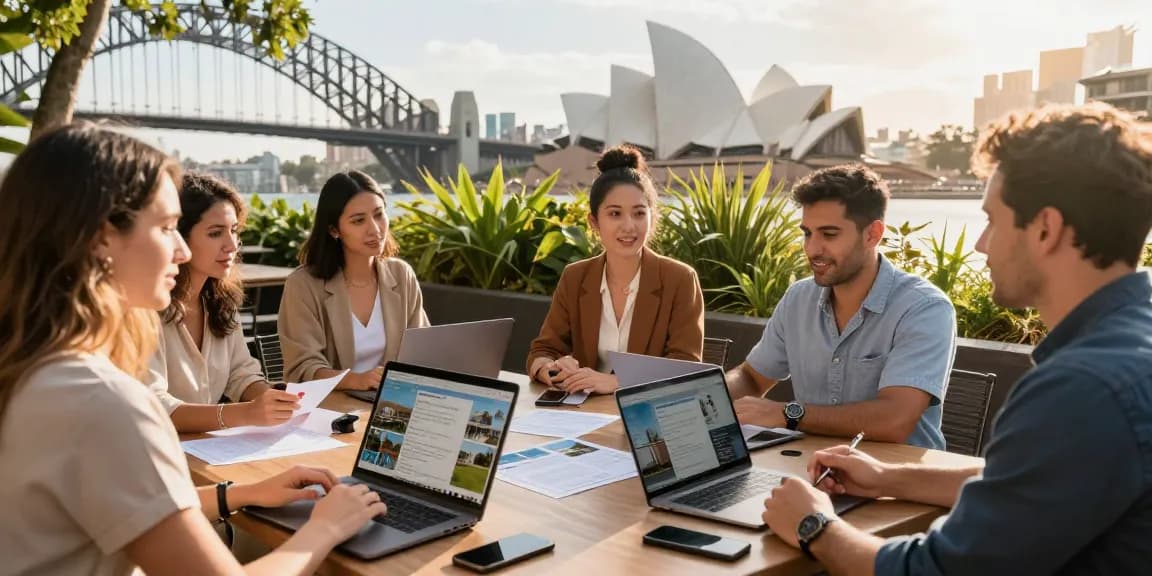 Hosts collaborating on Sydney short-term rental management strategies outdoors with iconic landmarks.