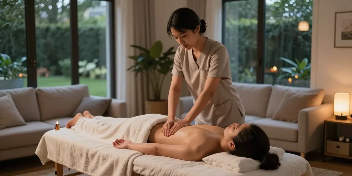 Professional providing 출장마사지 in a serene home environment with calming decor.