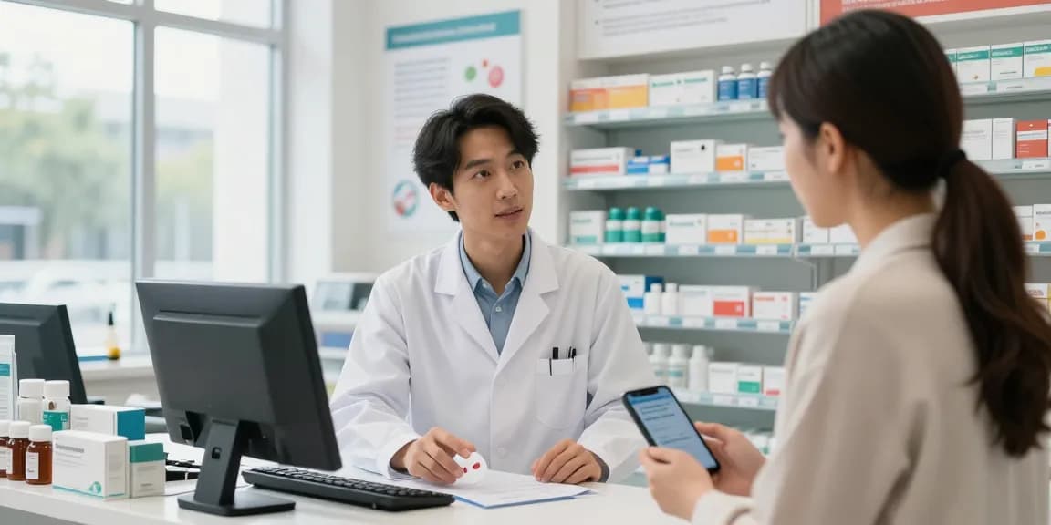 Buy retatrutide online consultation in a modern pharmacy with pharmacist advising customer on options.