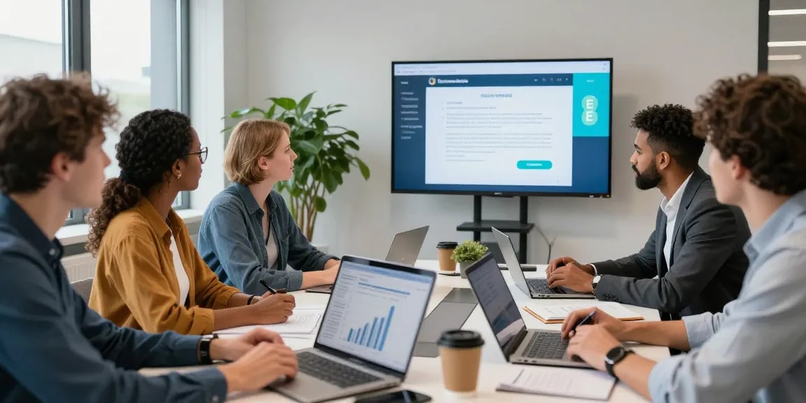 Collaboration on business contract ee in a modern UK office with professionals and digital screens.