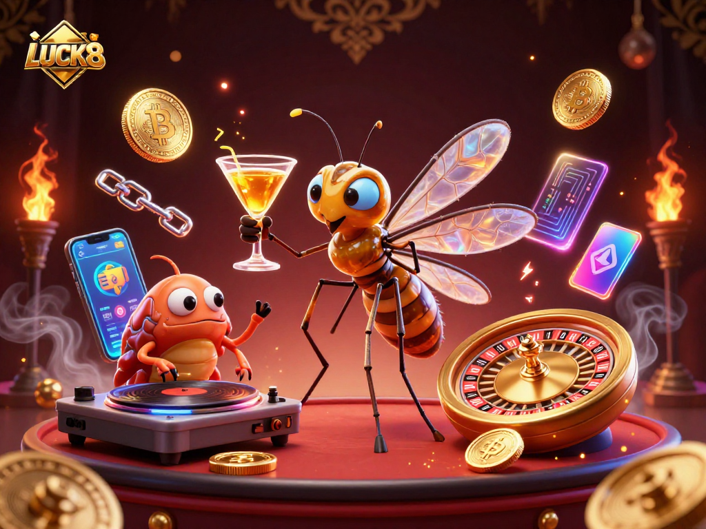 LUCK8 captivates players with a vibrant casino scene featuring a resurrected mosquito mascot and trilobite DJ.