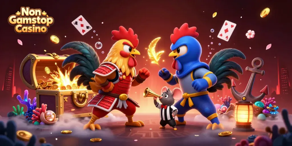 Experience thrilling action at Non Gamstop Casino with vibrant fighting roosters amidst a treasure-filled scene.
