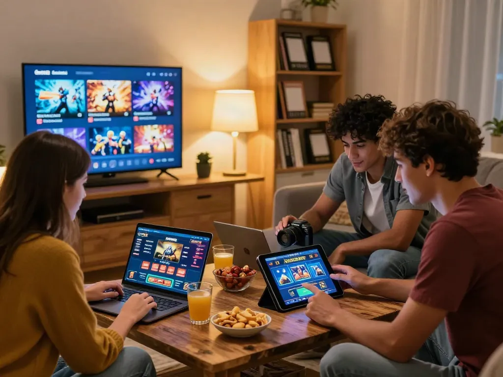 Friends enjoying a gaming night exploring betting sites not on GamStop in a welcoming cozy living room.