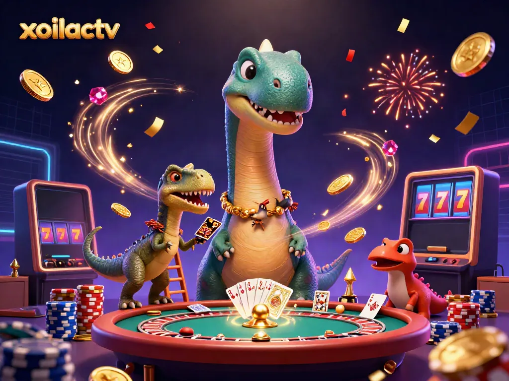 Xoilactv presents a vibrant casino scene with a towering brontosaurus and clever raptor dealing cards.