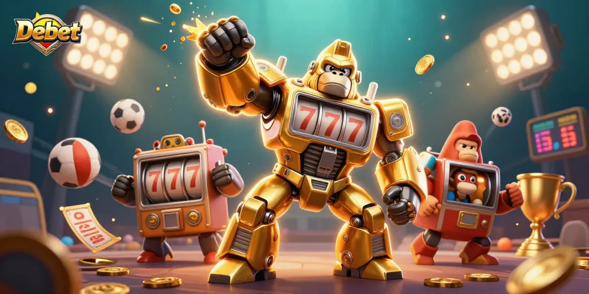 Engage with Debet's thrilling gambling scene featuring a golden gorilla mech and dynamic sports elements.