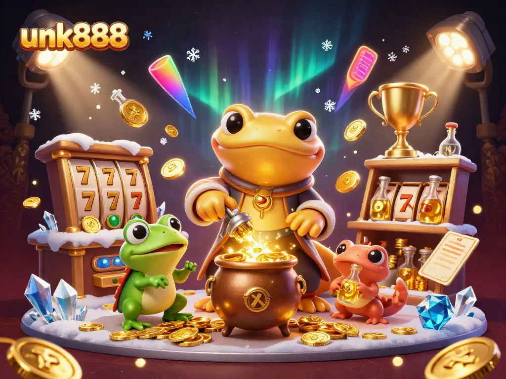 unk888 showcases a vibrant 3D illustration of a golden salamander alchemist at work in a medieval casino setting.