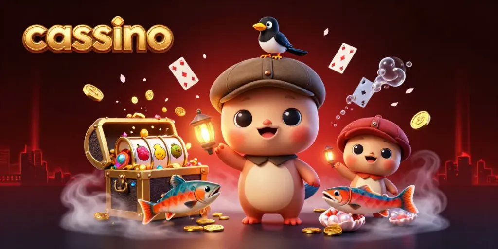 Engaging casino-themed illustration showcasing a cute cartoon baby Nessie surrounded by gaming elements and playful characters.