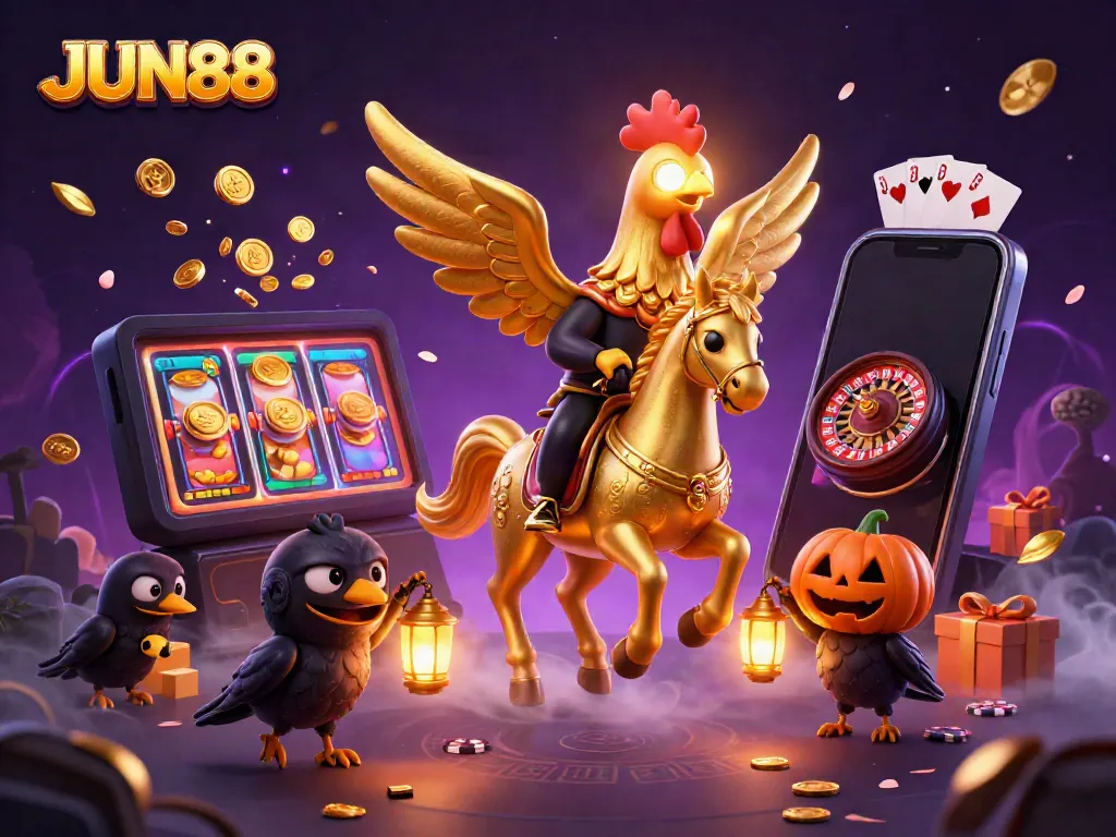 Experience the excitement of JUN88 with a dynamic 3D casino scene featuring a golden rooster and gaming elements.