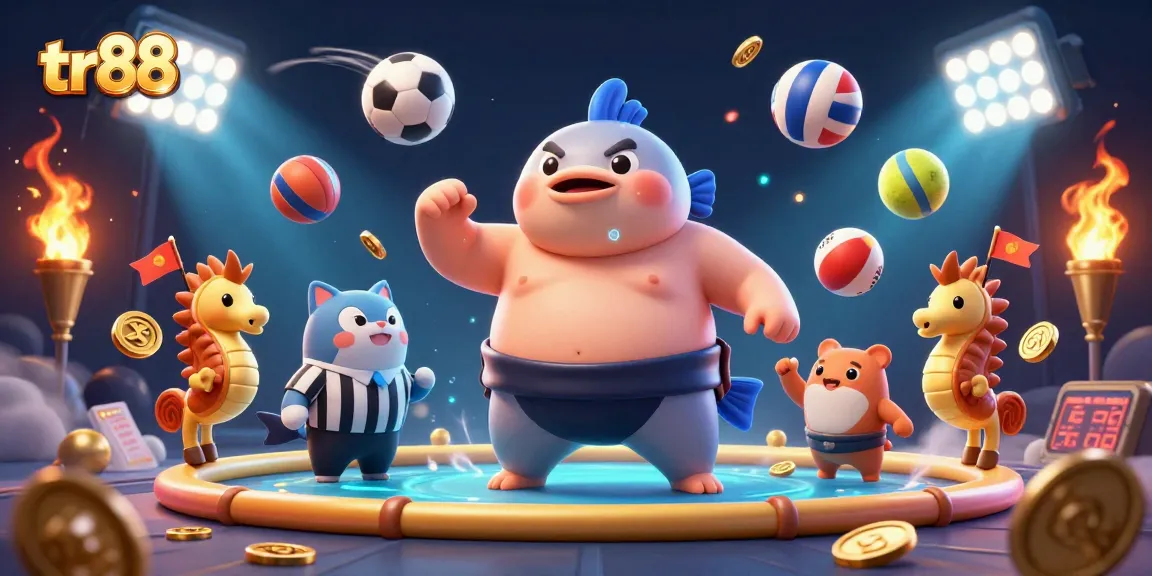 Experience thrilling bets with tr88 featuring a fugu and lively sports elements in a vibrant casino scene.