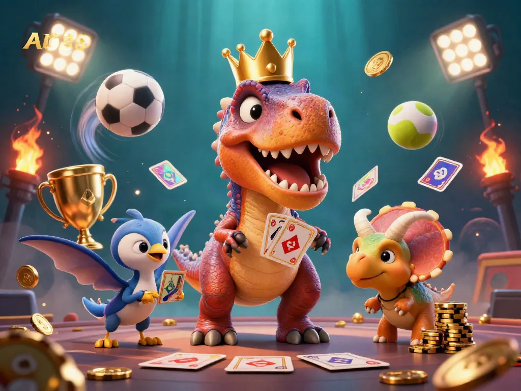 Watch the fun showdown at AU88 with a T-Rex shuffling cards while a triceratops stacks chips surrounded by dynamic sports elements.