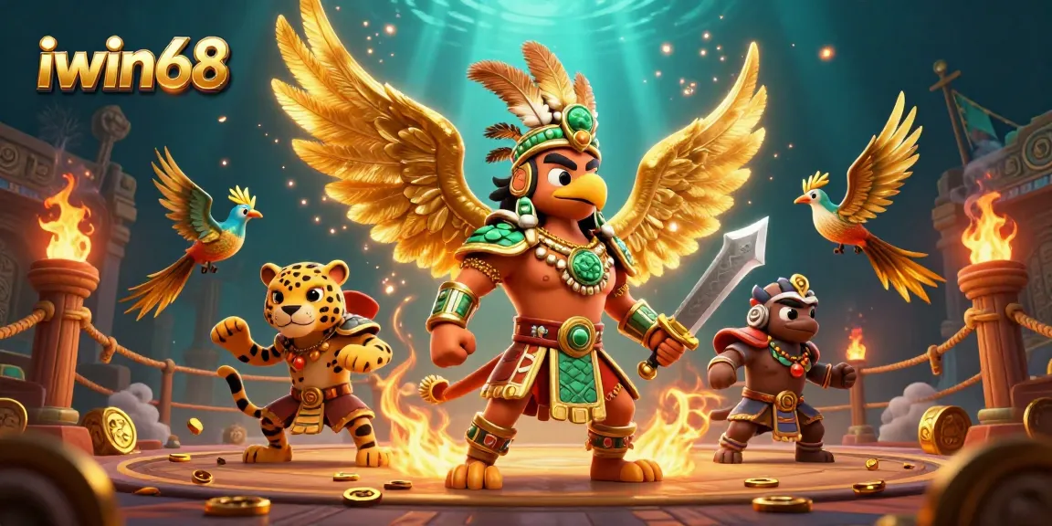 The Aztec warrior eagle and jaguar warrior battle in the Iwin68 arena, surrounded by golden coins.