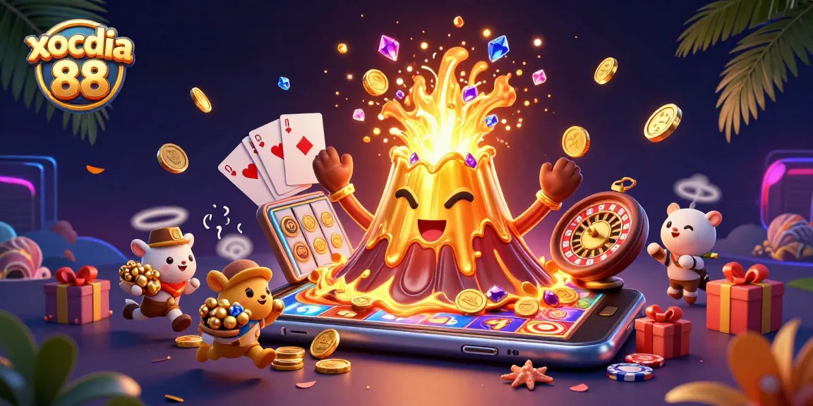 Experience thrilling wins at xocdia 88 as golden coins erupt from a volcano amidst lively gambling elements.