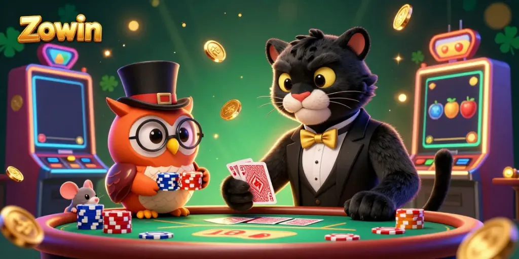 Zowin lively casino scene with a panther dealer, an owl with poker chips, and a lucky mouse.