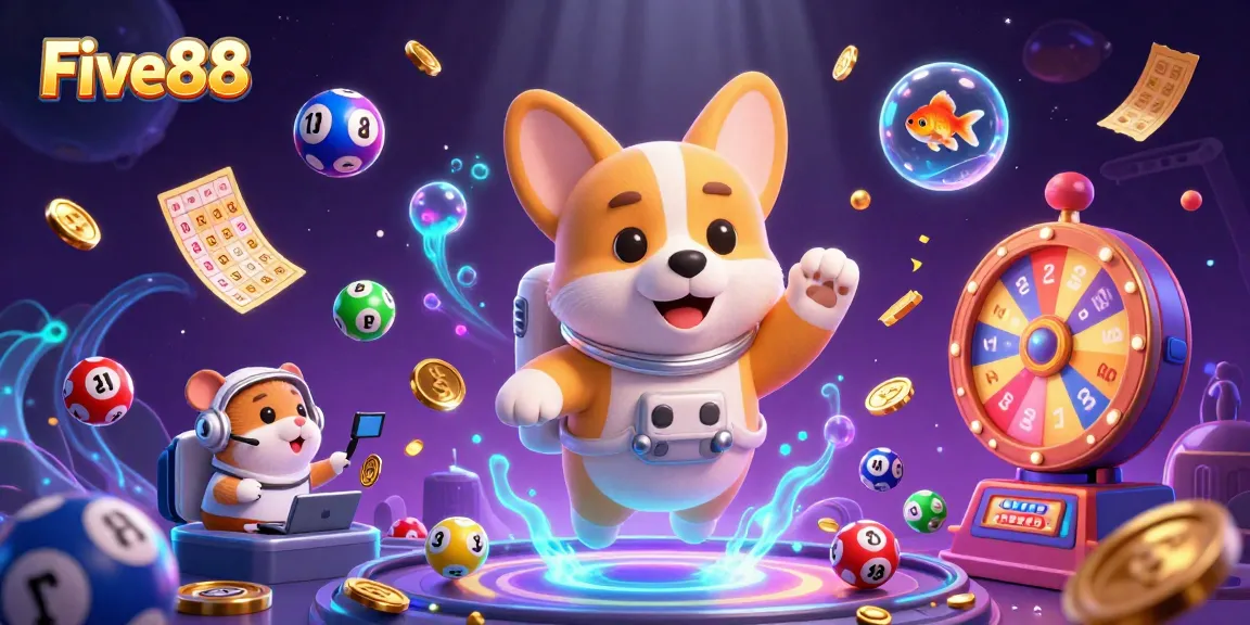 Experience excitement with Five88 in a vibrant space station casino scene featuring dynamic lottery elements.