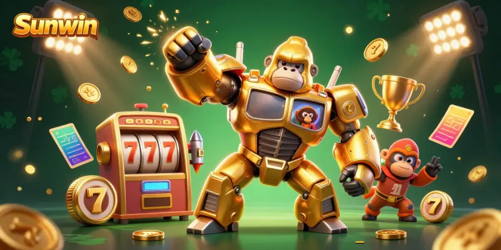 Experience thrilling adventure with Sunwin, featuring a golden mech and dynamic casino elements.