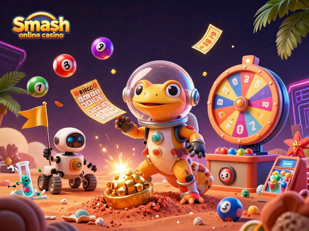 Engage with Smash online casino featuring vibrant games and dynamic bonuses in a 3D illustration.