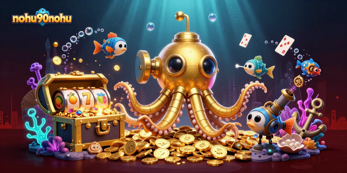 Nohu90nohu offers thrilling slot adventures with golden kraken submarine amidst treasure-filled ocean.