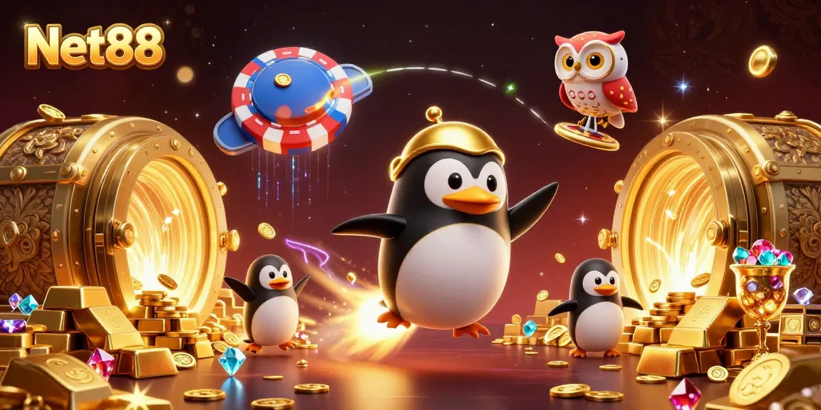 Experience excitement with Net88 through this vibrant golden casino-themed illustration.