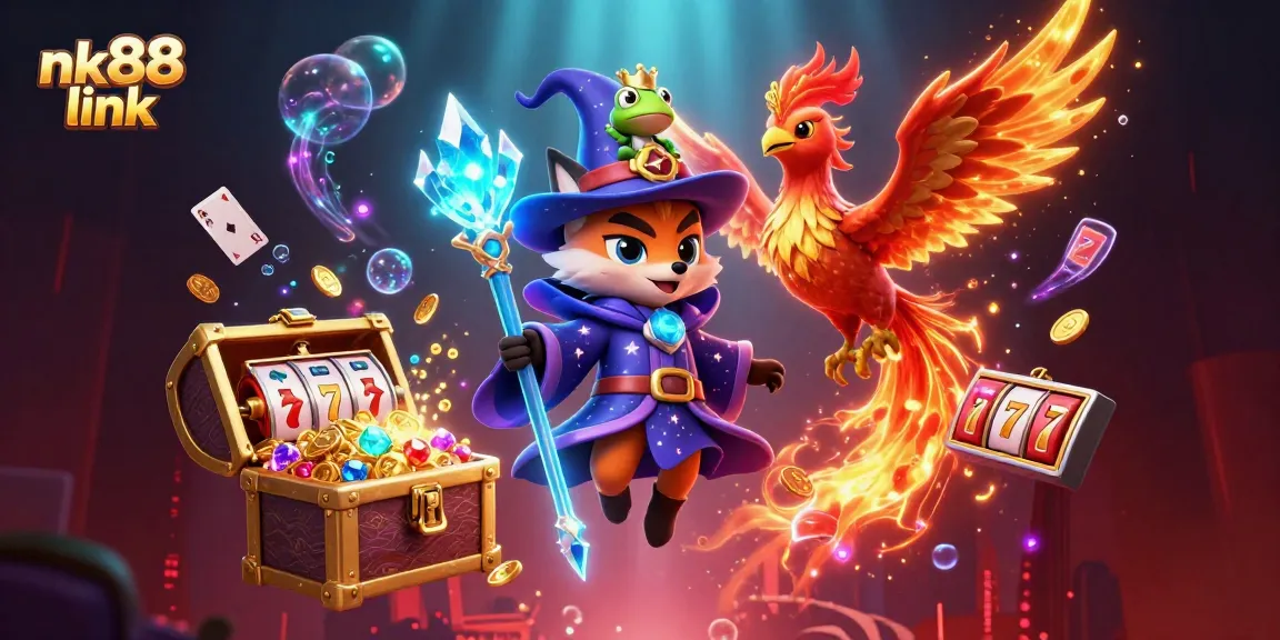 Engage with the thrilling nk88 link in this enchanting online casino illustration featuring a wizard fox, phoenix, and vibrant game elements.