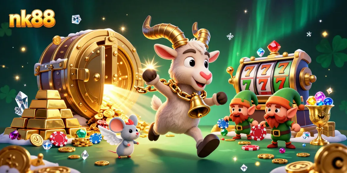 Experience thrilling adventures at nk88 with Krampus in a lively casino scene!