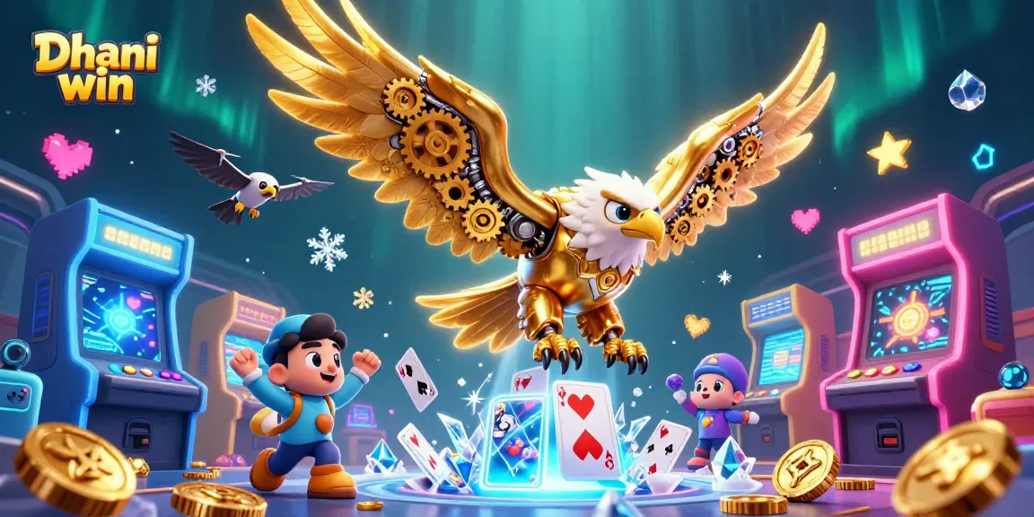 Dive into Dhani win with a vibrant 3D gaming illustration featuring a golden eagle among casino-themed elements.