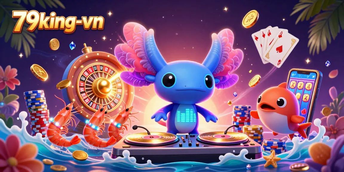 Spin with excitement at 79king-vn: A vibrant axolotl DJ and lively sea creatures in a colorful 3D casino scene.