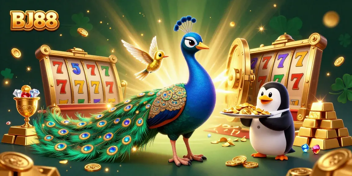 BJ88 slots come alive with a peacock and penguin amid gems and golden treasure, offering excitement!