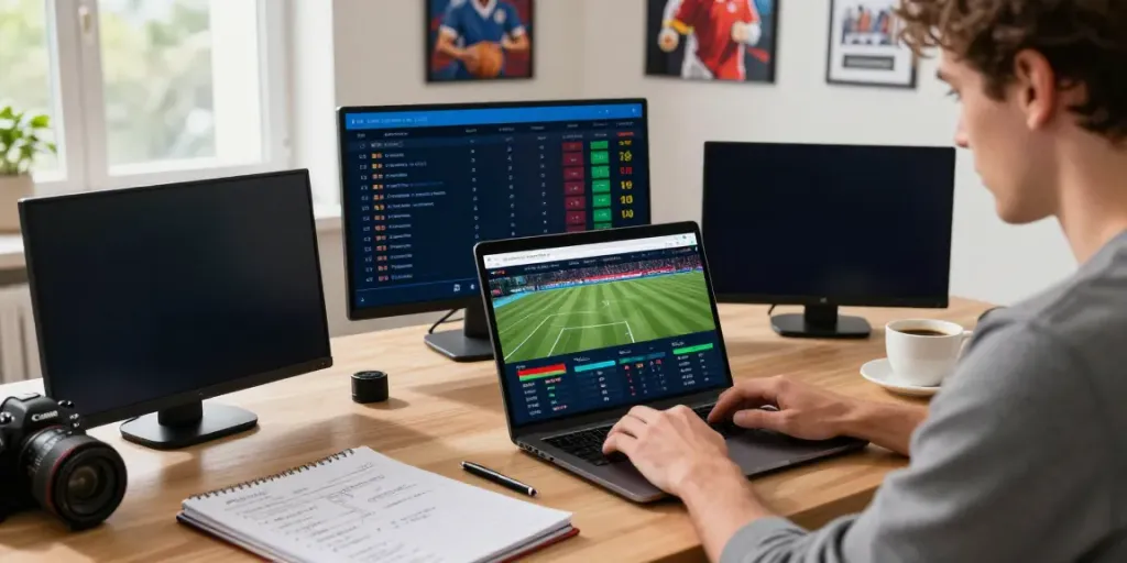 Engaging scene of online betting at non-GamStop sites, depicting an individual strategizing with multi-monitor setup in a bright office