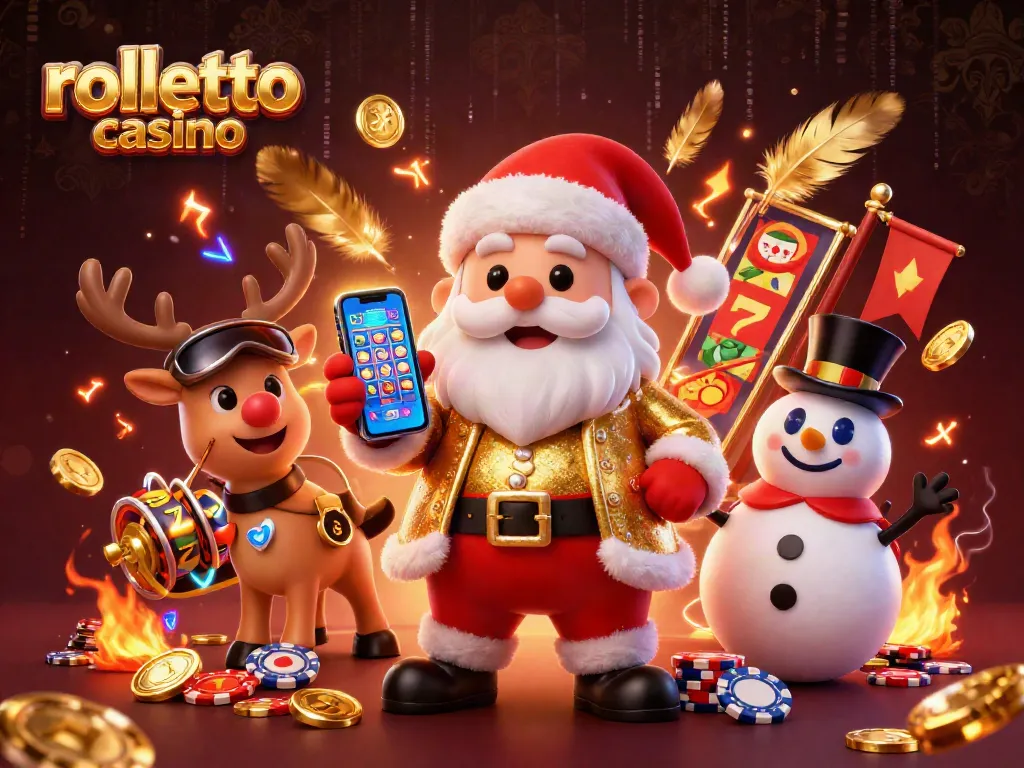 Spin and win at rolletto casino with Santa, his reindeer, and a snowman celebrating jackpots!