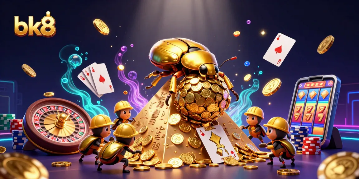 Experience thrilling gameplay at bk8 with golden beetles rolling coins and vibrant casino elements.