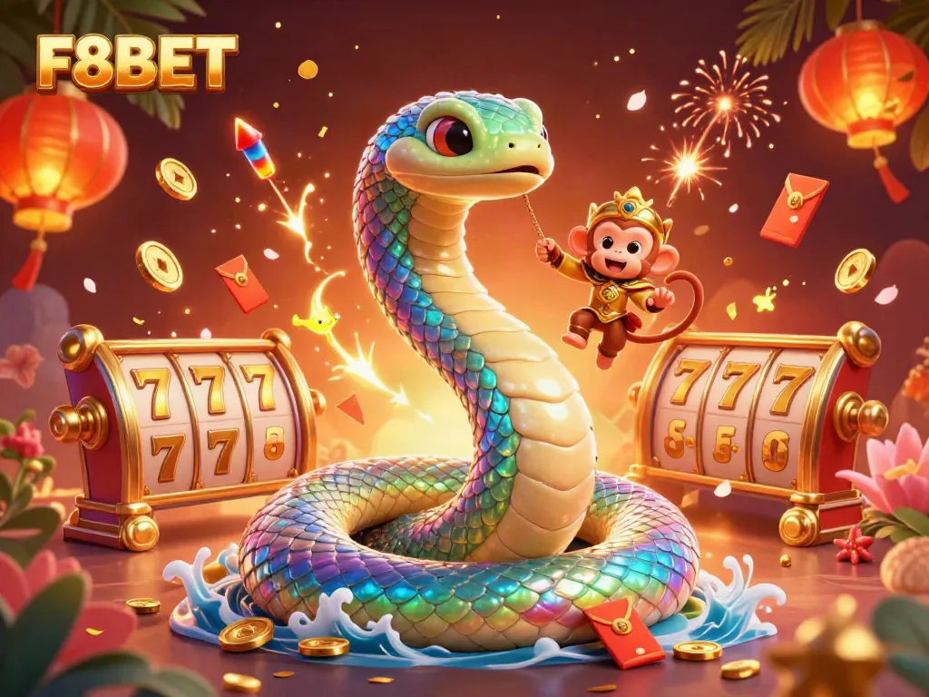 A dynamic F8BET casino scene with a colorful serpent and monkey king surrounded by jackpot slots and festive decorations