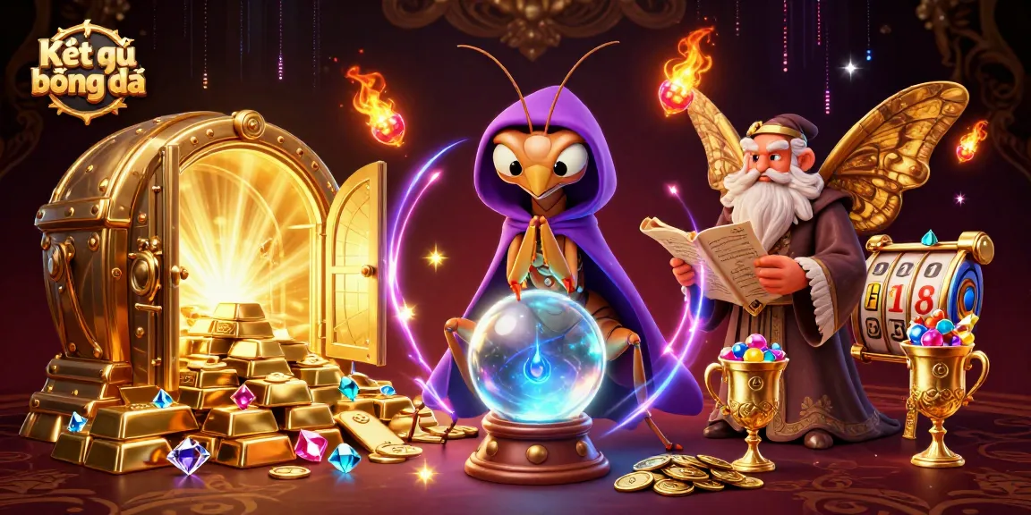 Engage with Kết quả bóng đá in this rich 3D illustration showcasing fortune tellers, gems, and gambling elements.