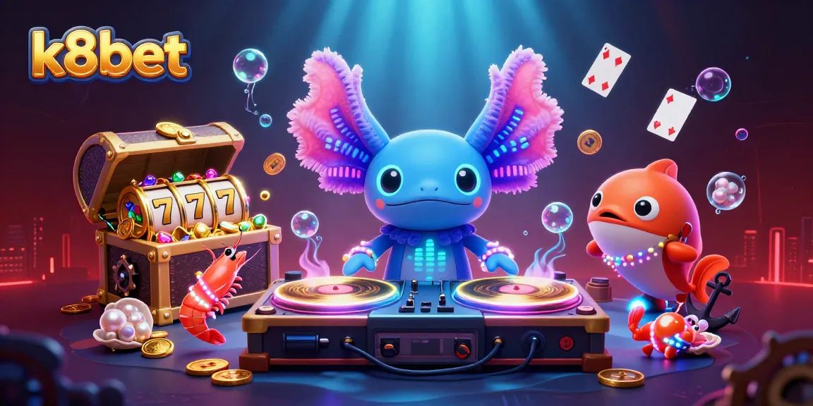Experience exhilarating gaming at k8bet with vibrant 3D illustration of casino elements and underwater design.