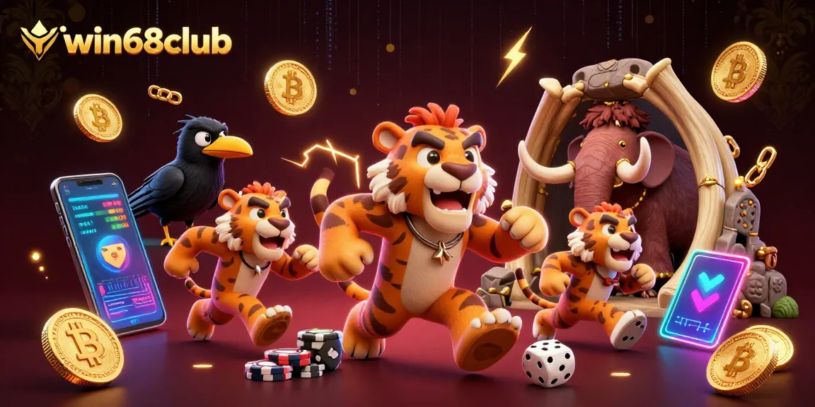 Experience thrilling gameplay at iwin68club with a vibrant prehistoric casino scene featuring unique characters and crypto elements.