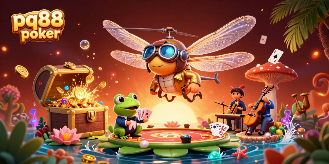 Experience thrilling card deals at pq88 poker with a lively scene featuring a dragonfly pilot and frog dealer.