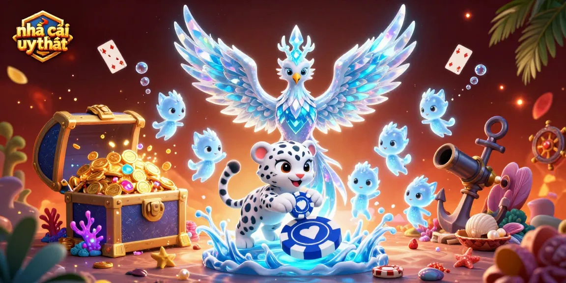 Engage with nhà cái uy tín in this vibrant scene full of casino-themed elements and animated characters.