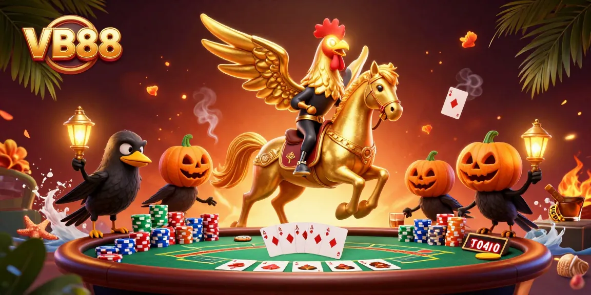 Experience the thrill of VB88 gaming in a vibrant casino scene with a unique golden rooster character.