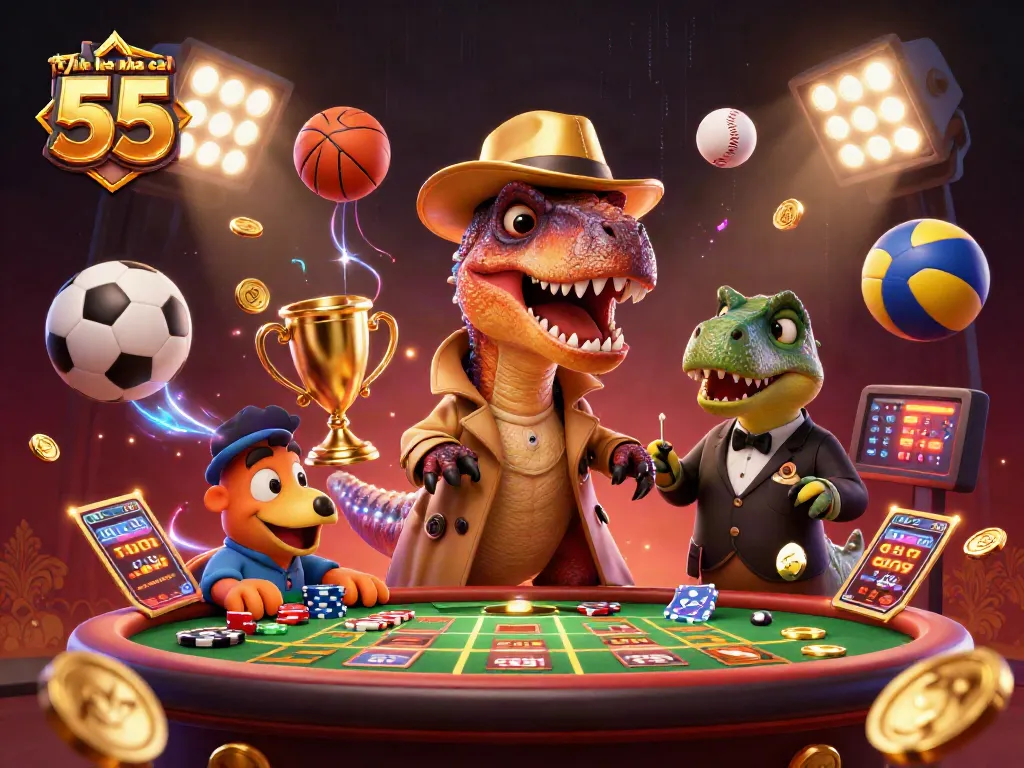Engage with ty le keo nha cai 55 displayed vividly at a packed sports betting scene featuring animated characters and dynamic elements.