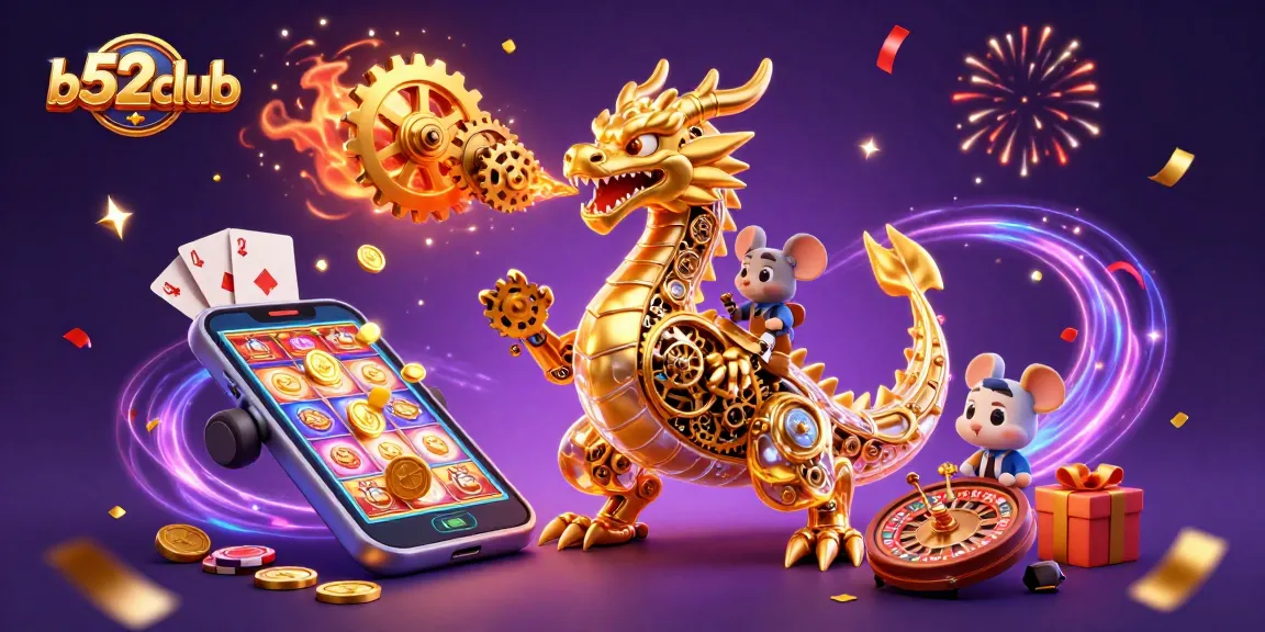 B52club's golden dragon breathing gears while kind-hearted engineers maintain vibrant slot games amidst winning moments.