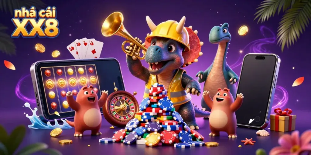 Experience exciting gameplay at Nhà cái XX8 with dynamic 3D illustrated characters celebrating casino fun.