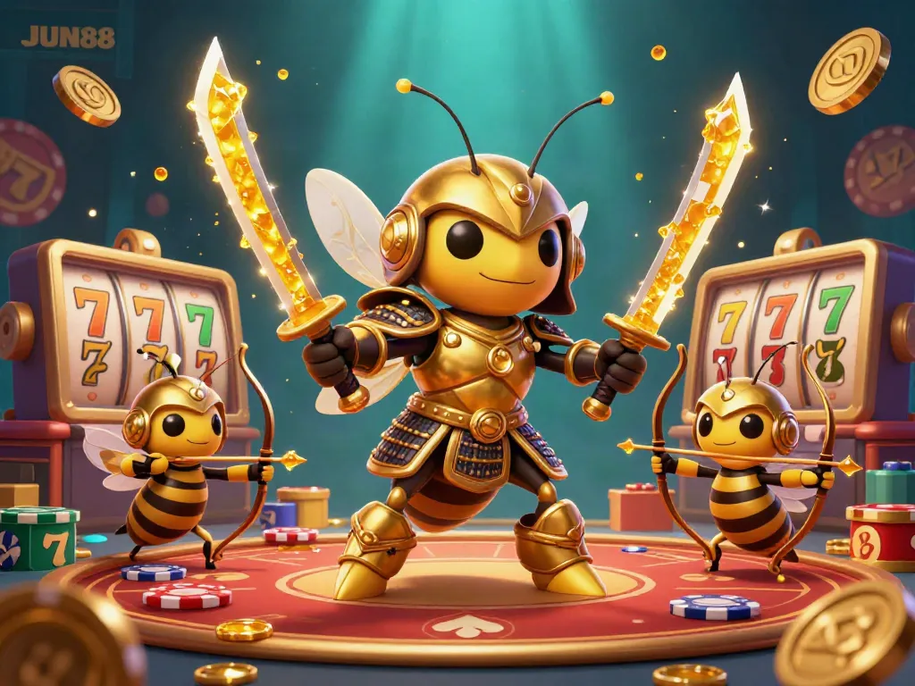 Engaging moment in JUN88 casino with a golden hornet samurai and bee archers, capturing high-stake excitement.