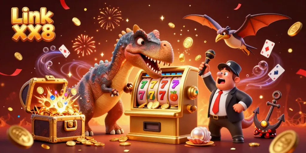 Engage in thrilling gameplay with Link XX8 as a pachycephalosaurus wins slots and coins fly around.