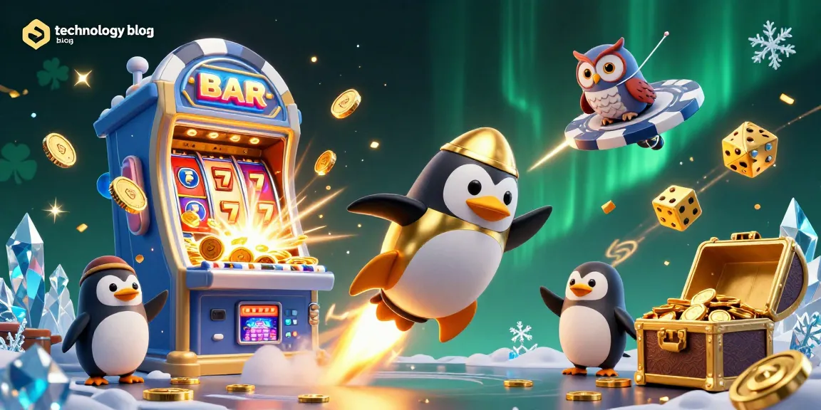Experience exciting moments in a technology blog illustration featuring a golden penguin in a casino adventure.