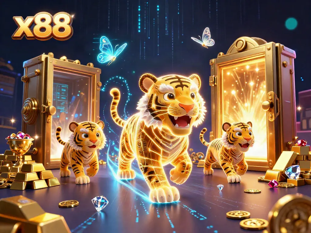 Experience the excitement of x88 as a glowing tiger navigates a vibrant digital casino.