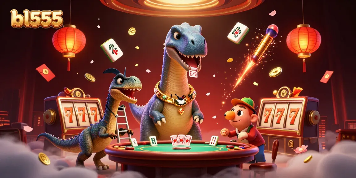Engage with bl555 through a vibrant casino scene showcasing a brontosaurus and clever raptor dealing cards.