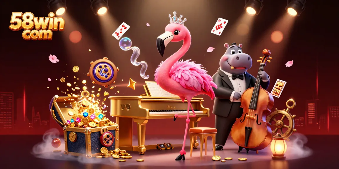 Experience the excitement of 58win com with lively casino scenes featuring a flamingo singer and dynamic game elements.