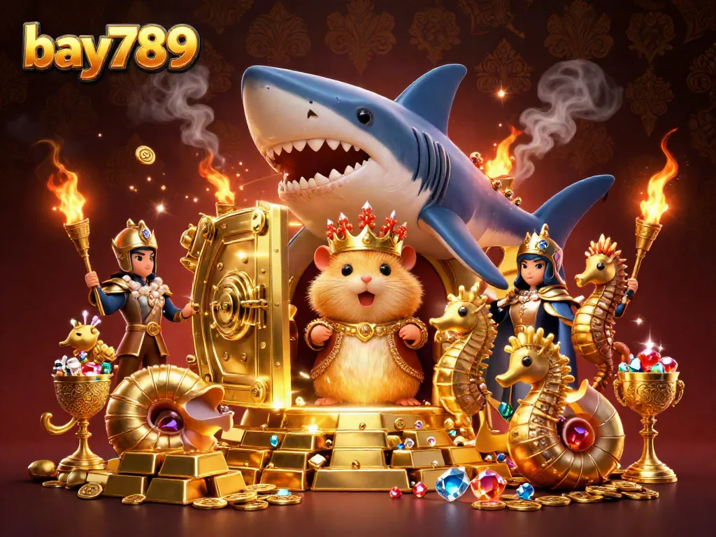 Experience thrilling gameplay with bay789's golden hamster king and treasure in a vibrant casino scene.