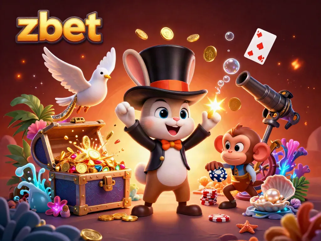 Experience the magic of zbet with a playful 3D scene showcasing a magician rabbit and casino elements.