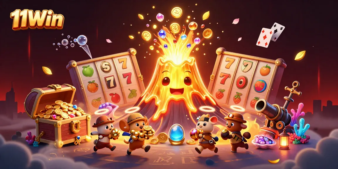Experience the thrill of 11Win with slots, treasure, and vibrant casino elements bursting with excitement.